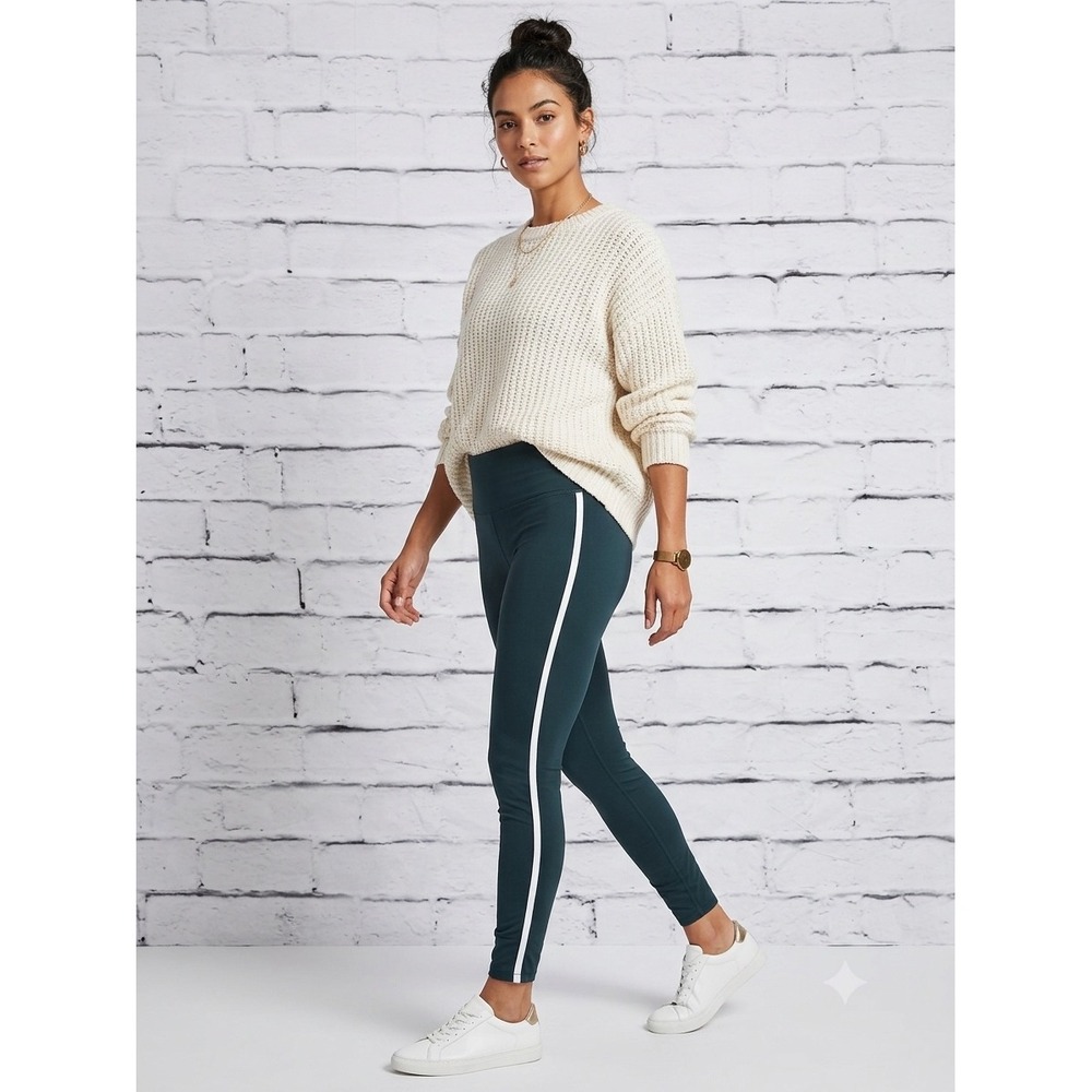 Athleta High Rise Stripe Leggings Forest Green White Racing Side Stripe Womens